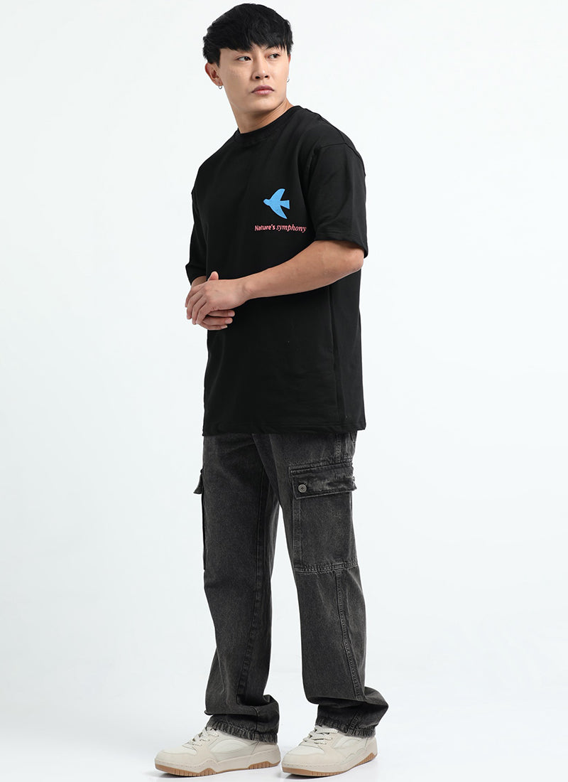 SERENITY Oversized Cotton Printed T-Shirt Midnight Black - Model View
