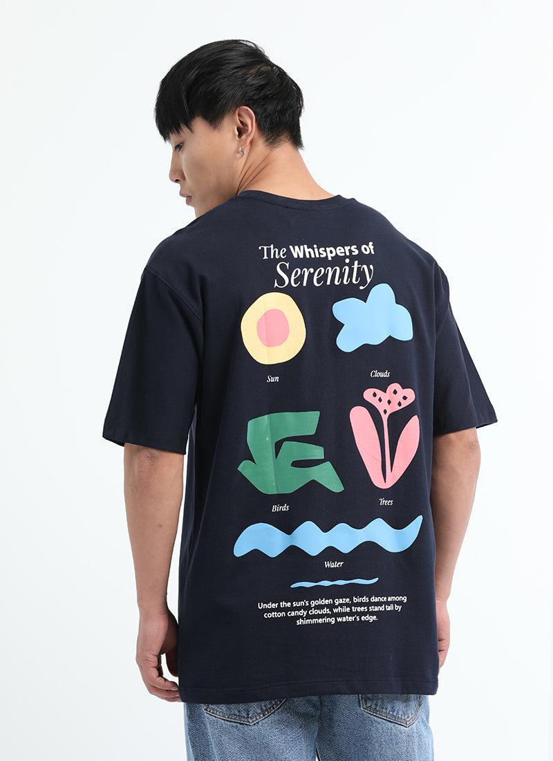 SERENITY Oversized Cotton Printed T-Shirt Navy Blue - Back View