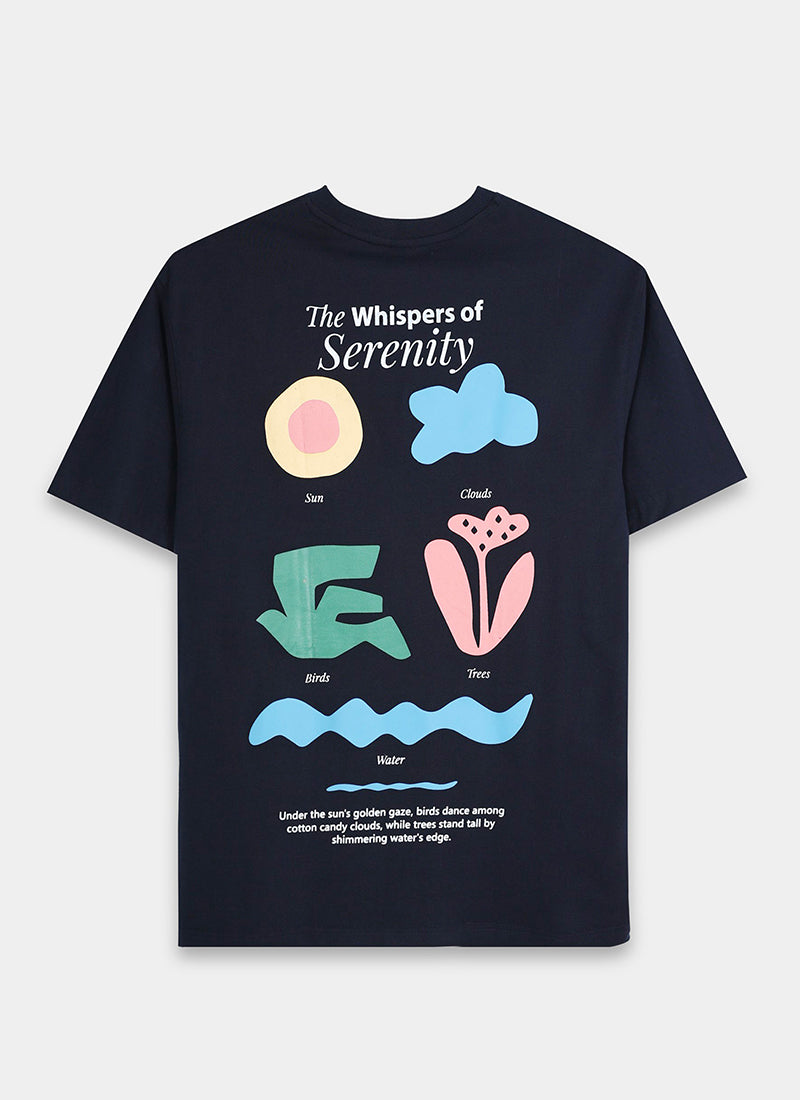 SERENITY Oversized Cotton Printed T-Shirt Navy Blue - Flatlay Back View