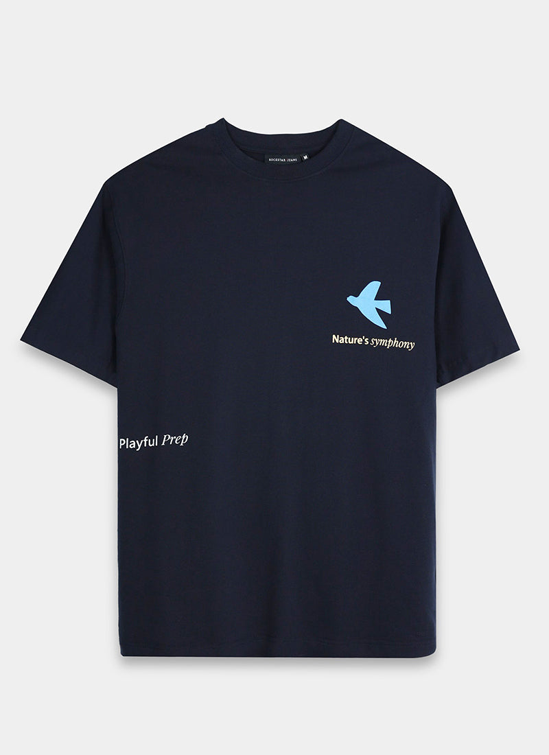SERENITY Oversized Cotton Printed T-Shirt Navy Blue - Flatlay Front View