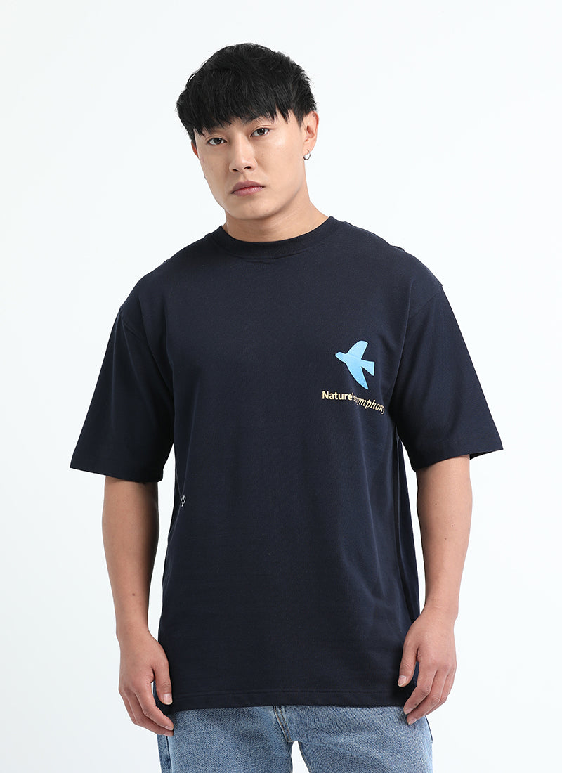 SERENITY Oversized Cotton Printed T-Shirt Navy Blue - Front View