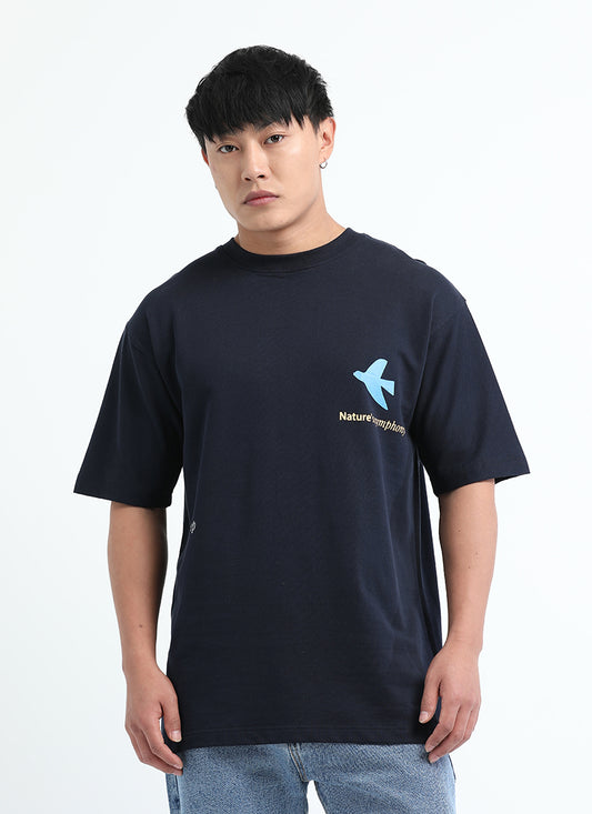 SERENITY Oversized Cotton Printed T-Shirt Navy Blue - Front View