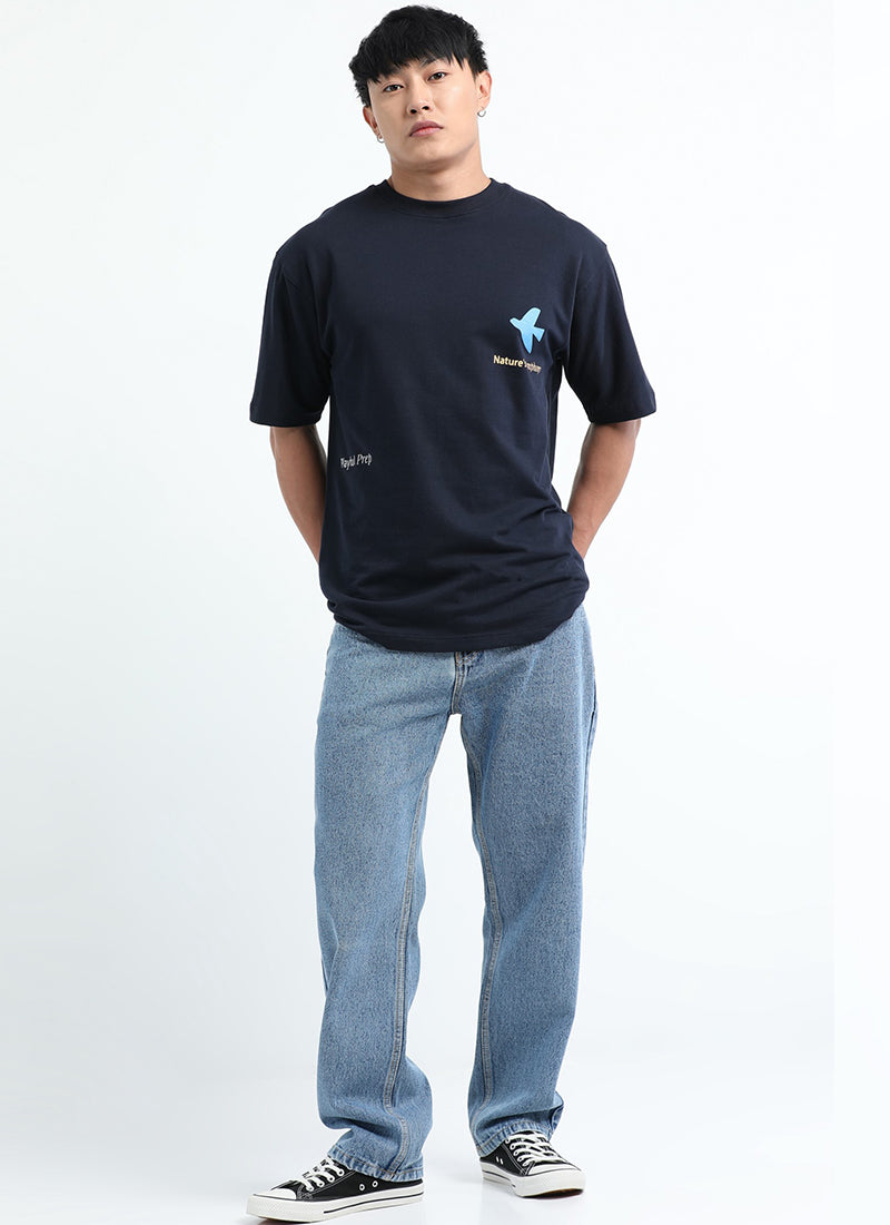 SERENITY Oversized Cotton Printed T-Shirt Navy Blue - Matching Jeans
