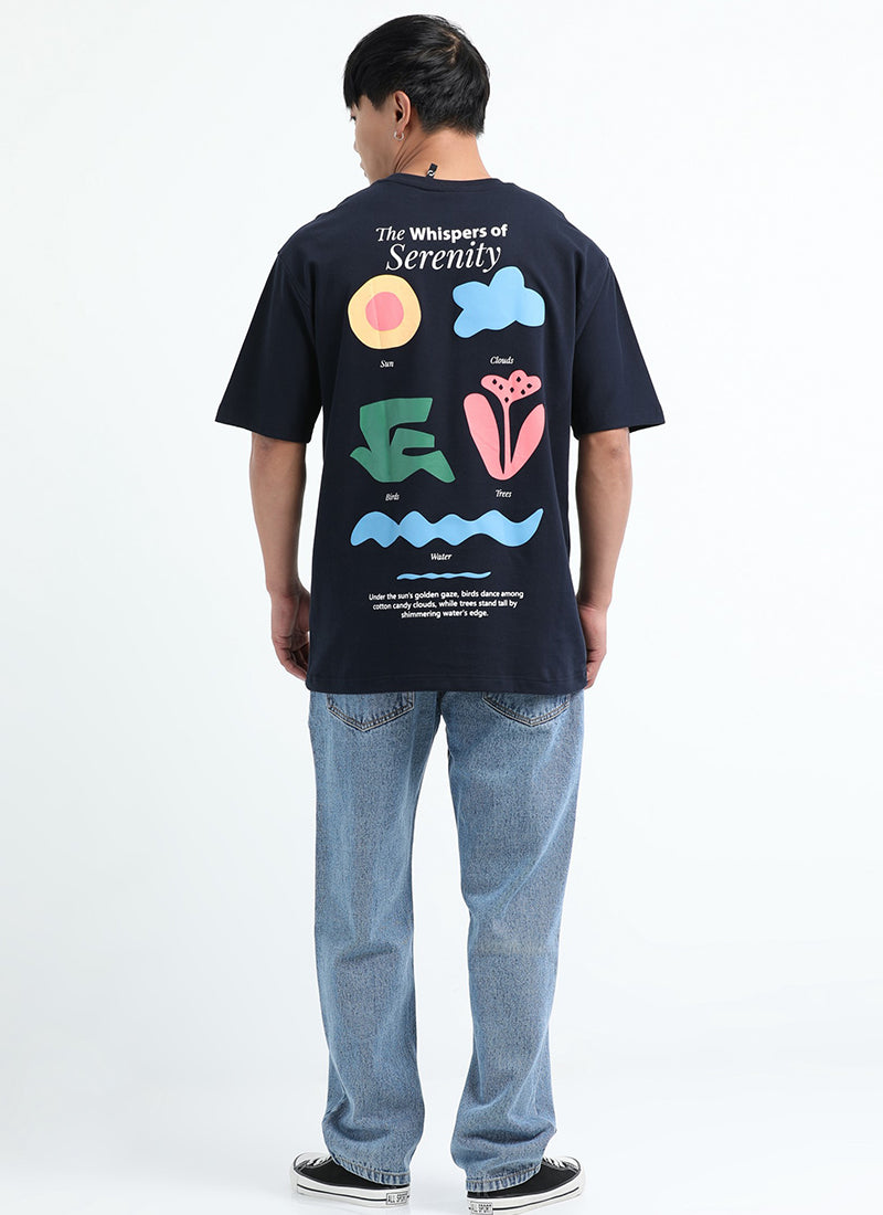 SERENITY Oversized Cotton Printed T-Shirt Navy Blue - Model Back View