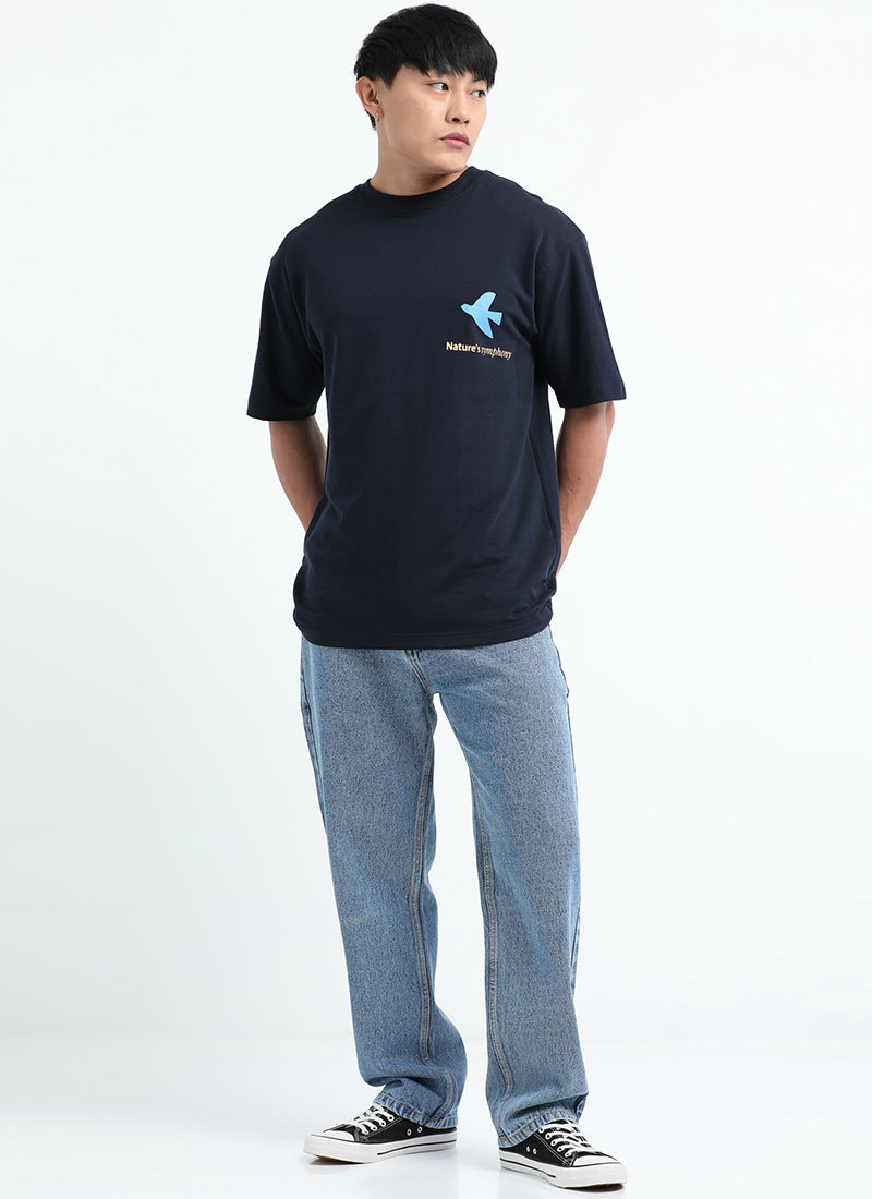 SERENITY Oversized Cotton Printed T-Shirt Navy Blue - Model Full View