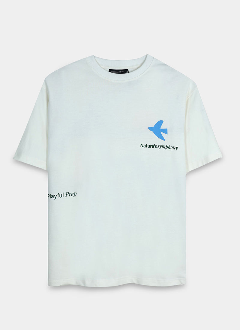 SERENITY Oversized Cotton Printed T-Shirt Off White - Flatlay Front View