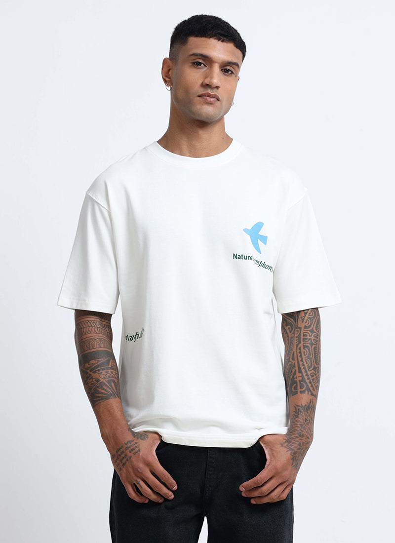 SERENITY Oversized Cotton Printed T-Shirt Off White - Front View