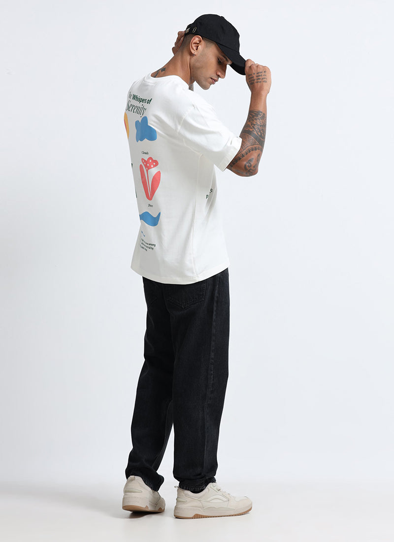 SERENITY Oversized Cotton Printed T-Shirt Off White - Model Back Prints Full View