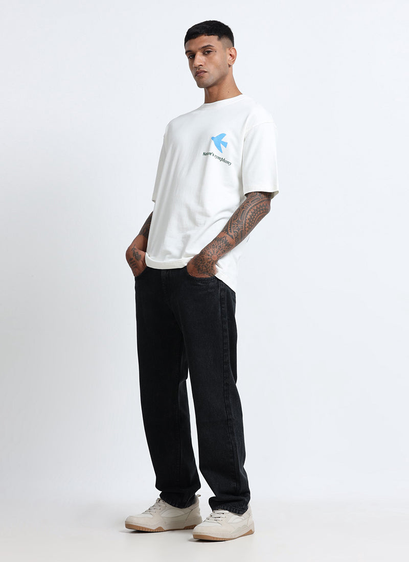 SERENITY Oversized Cotton Printed T-Shirt Off White - Model Full View