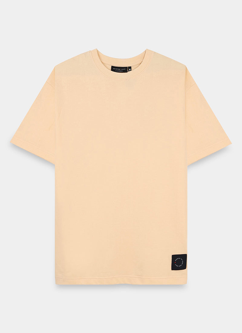 SIGNATURE Oversized Solid Cotton T-Shirt Apricot Peach - Details Image
