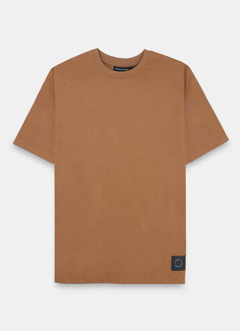 SIGNATURE Oversized Solid Cotton T-Shirt Caramel Brown - Flatlay Front View