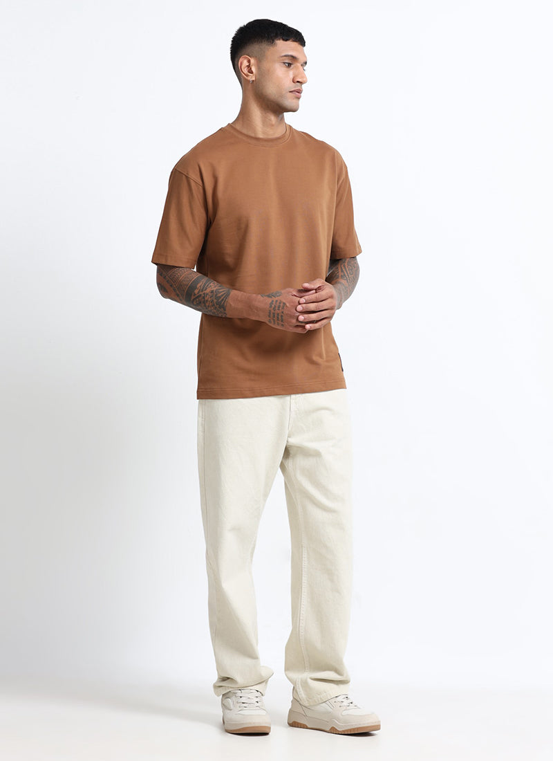 SIGNATURE Oversized Solid Cotton T-Shirt Caramel Brown - Model View