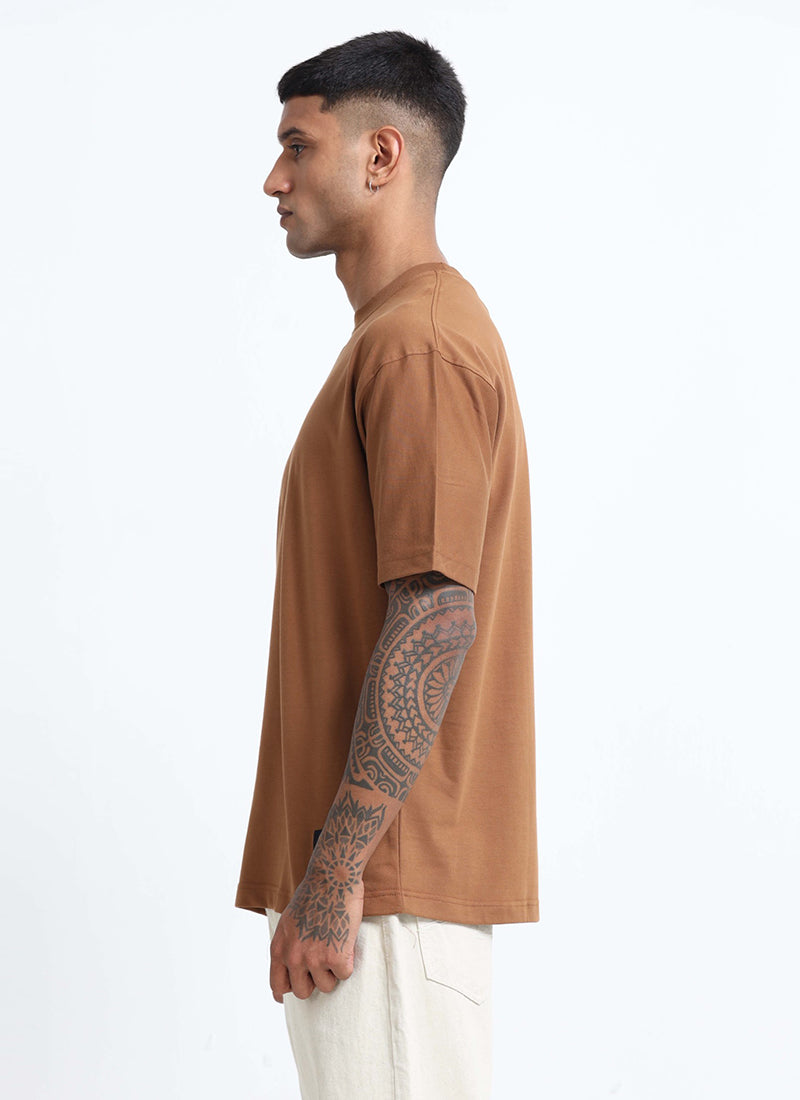 SIGNATURE Oversized Solid Cotton T-Shirt Caramel Brown - Side View