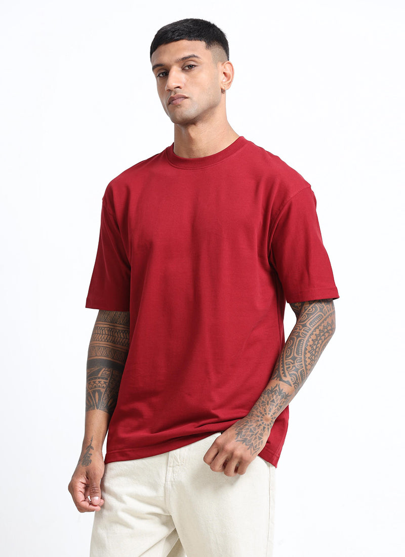 SIGNATURE Oversized Solid Cotton T-Shirt Crimson Red - Front View