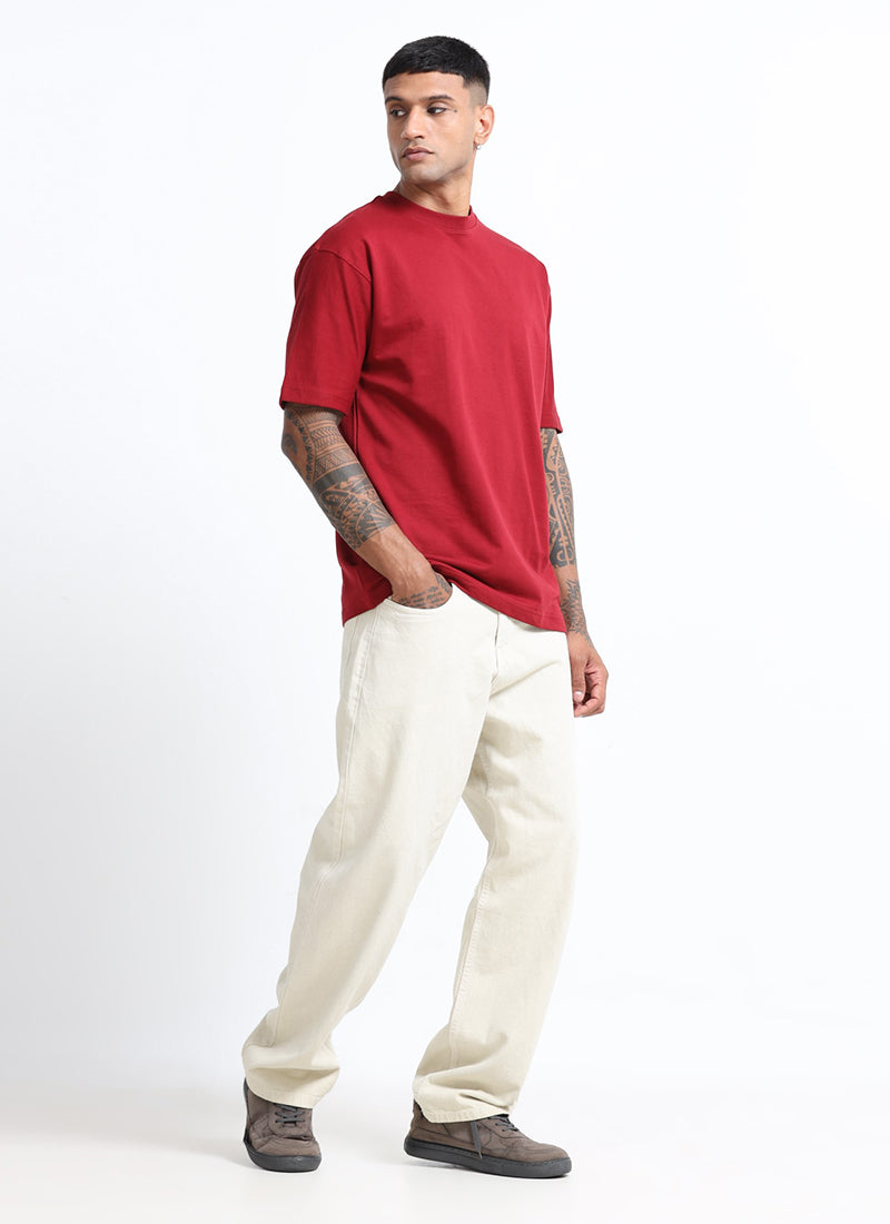 SIGNATURE Oversized Solid Cotton T-Shirt Crimson Red - Model Side View