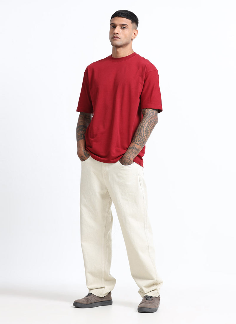 SIGNATURE Oversized Solid Cotton T-Shirt Crimson Red - Model View