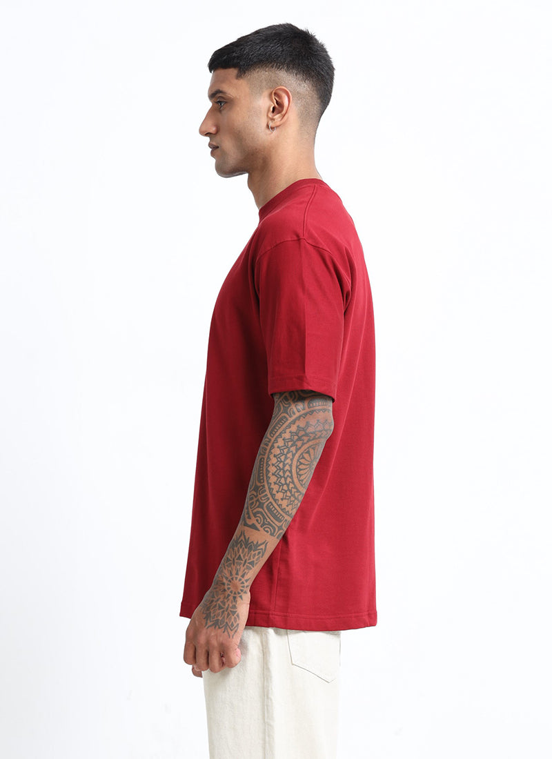 SIGNATURE Oversized Solid Cotton T-Shirt Crimson Red - Side View