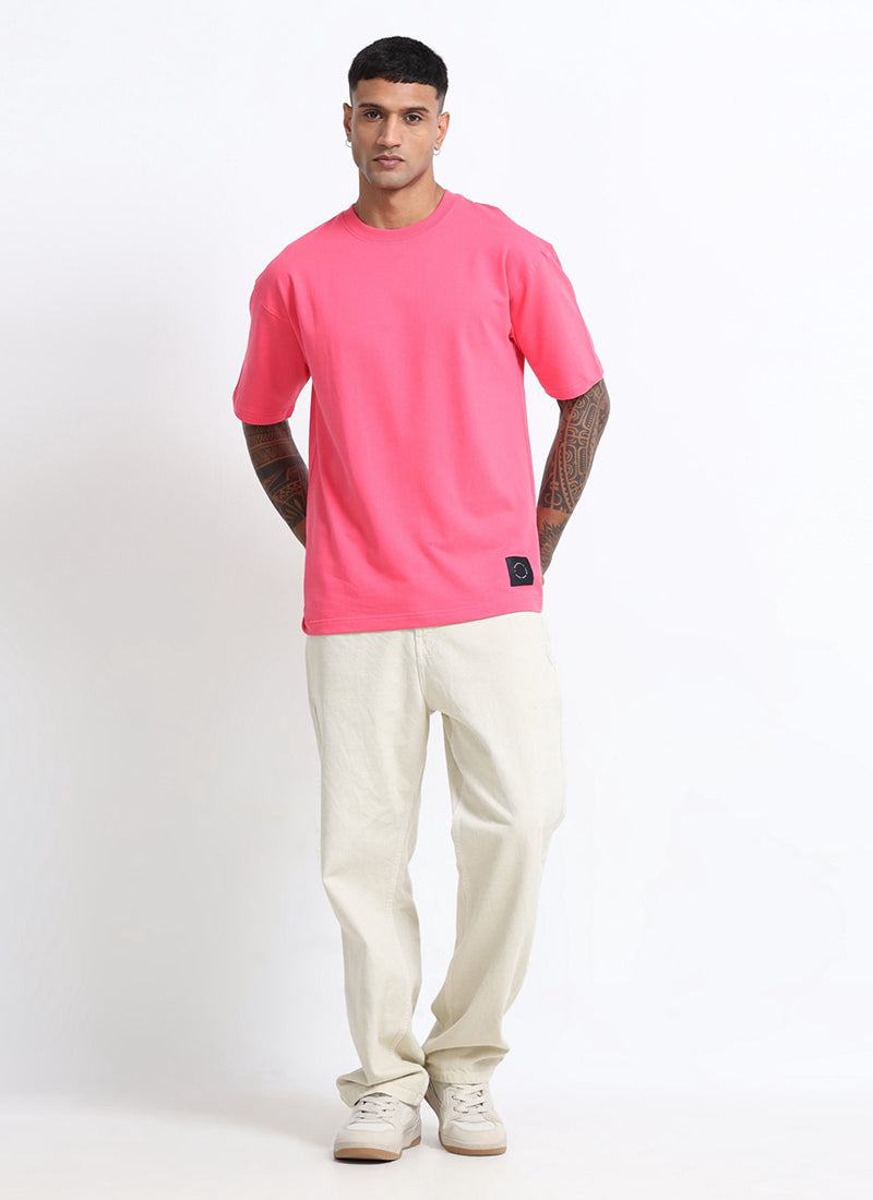 SIGNATURE Oversized Solid Cotton T-Shirt Flamingo Pink - Model View