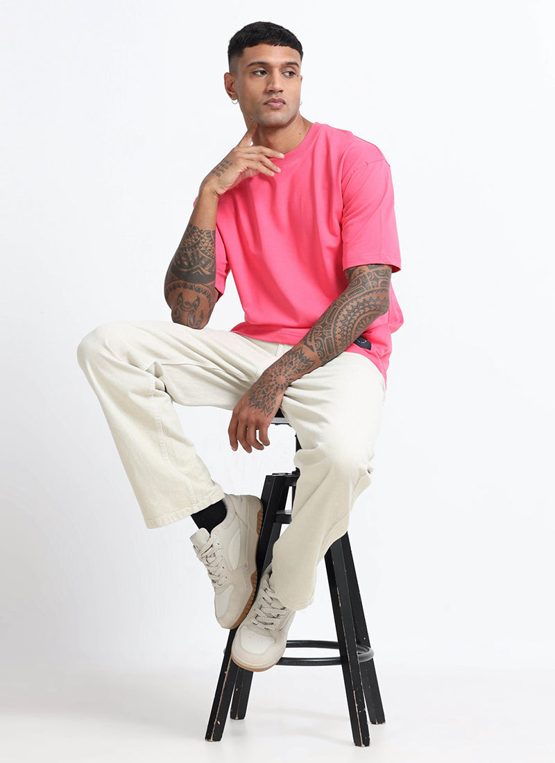 SIGNATURE Oversized Solid Cotton T-Shirt Flamingo Pink - Sitting Pose