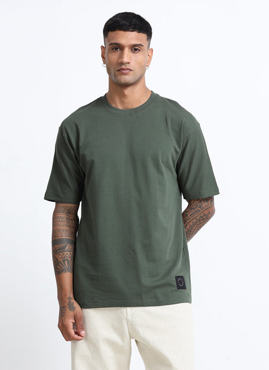 SIGNATURE Oversized Solid Cotton T-Shirt Forest Green - Front View