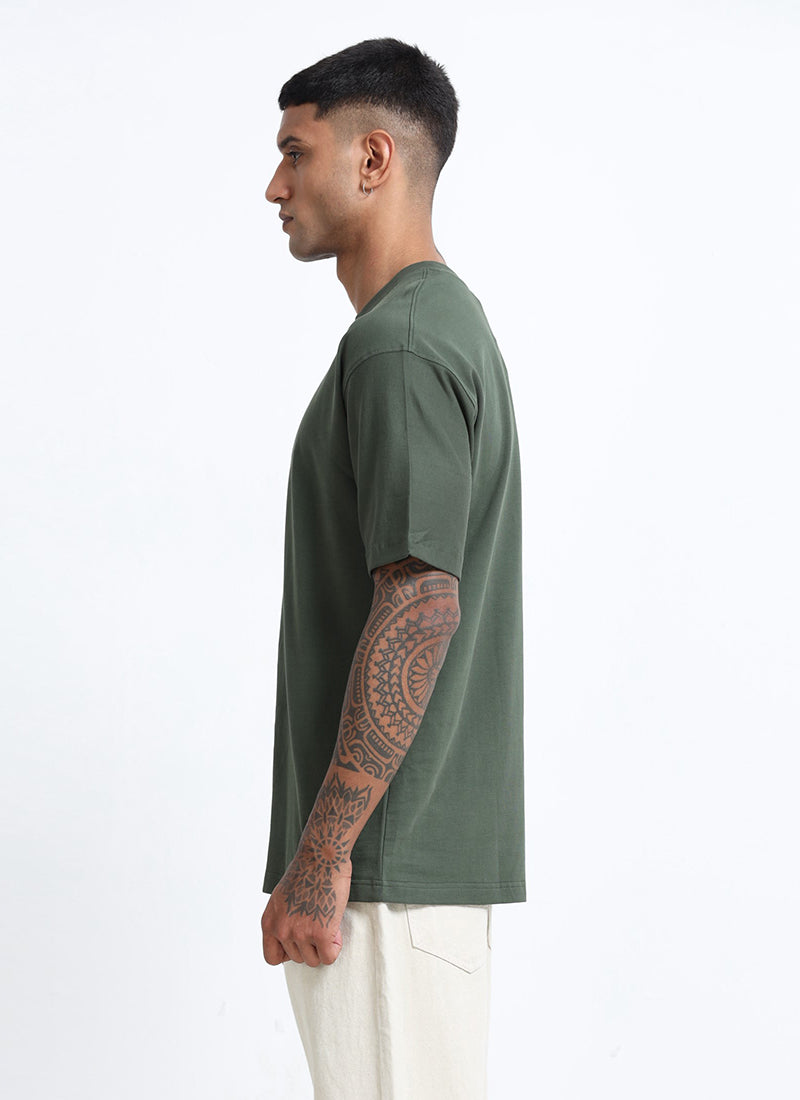 SIGNATURE Oversized Solid Cotton T-Shirt Forest Green - Side View