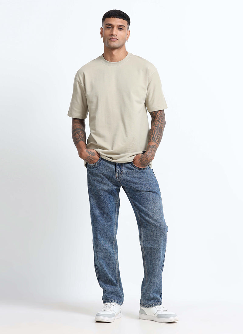 SIGNATURE Oversized Solid Cotton T-Shirt Light Grey - Matching Denim Jean