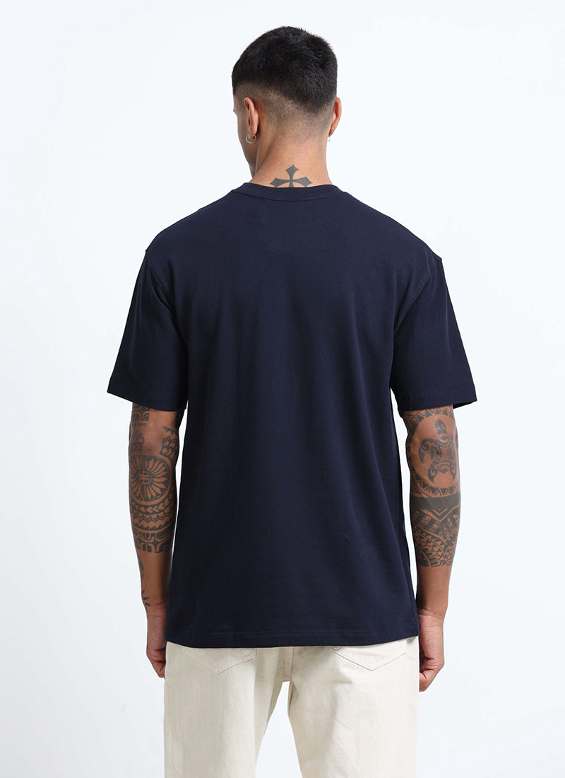 SIGNATURE Oversized Solid Cotton T-Shirt Navy Blue - Back View