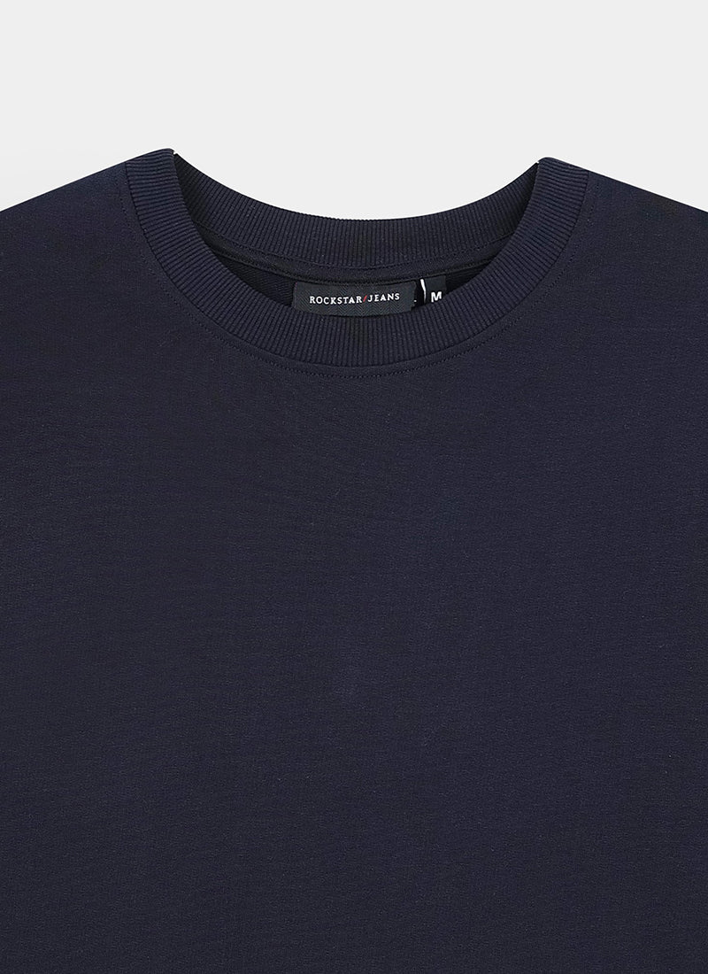 SIGNATURE Oversized Solid Cotton T-Shirt Navy Blue - Details View