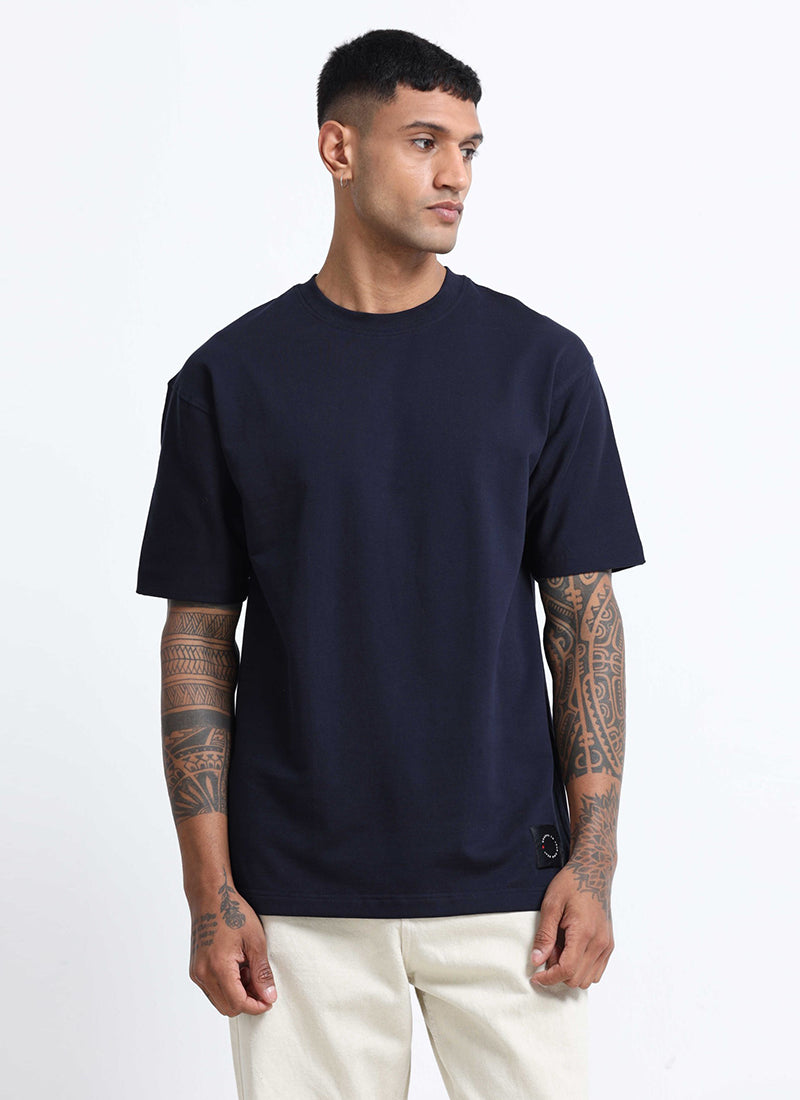 SIGNATURE Oversized Solid Cotton T-Shirt Navy Blue - Front View