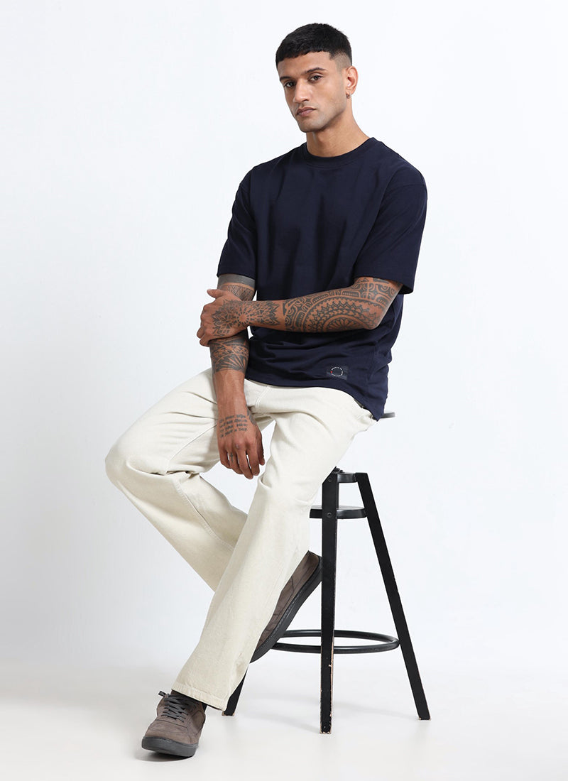 SIGNATURE Oversized Solid Cotton T-Shirt Navy Blue - Model View