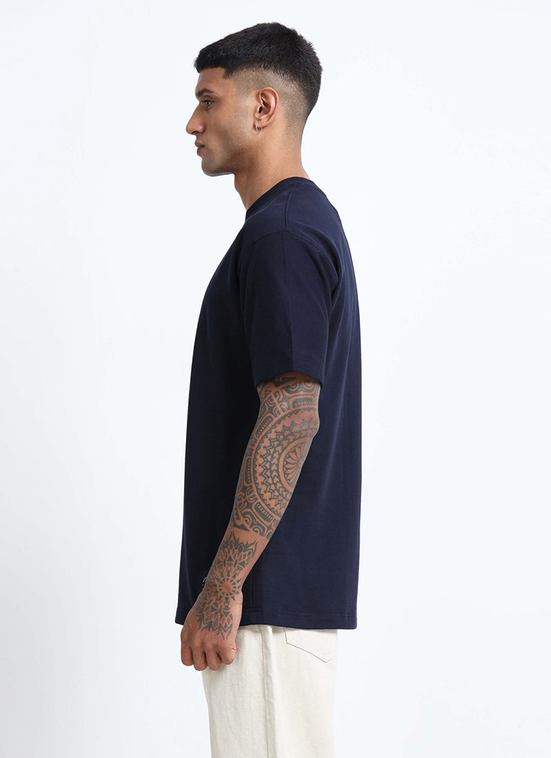 SIGNATURE Oversized Solid Cotton T-Shirt Navy Blue - Side View