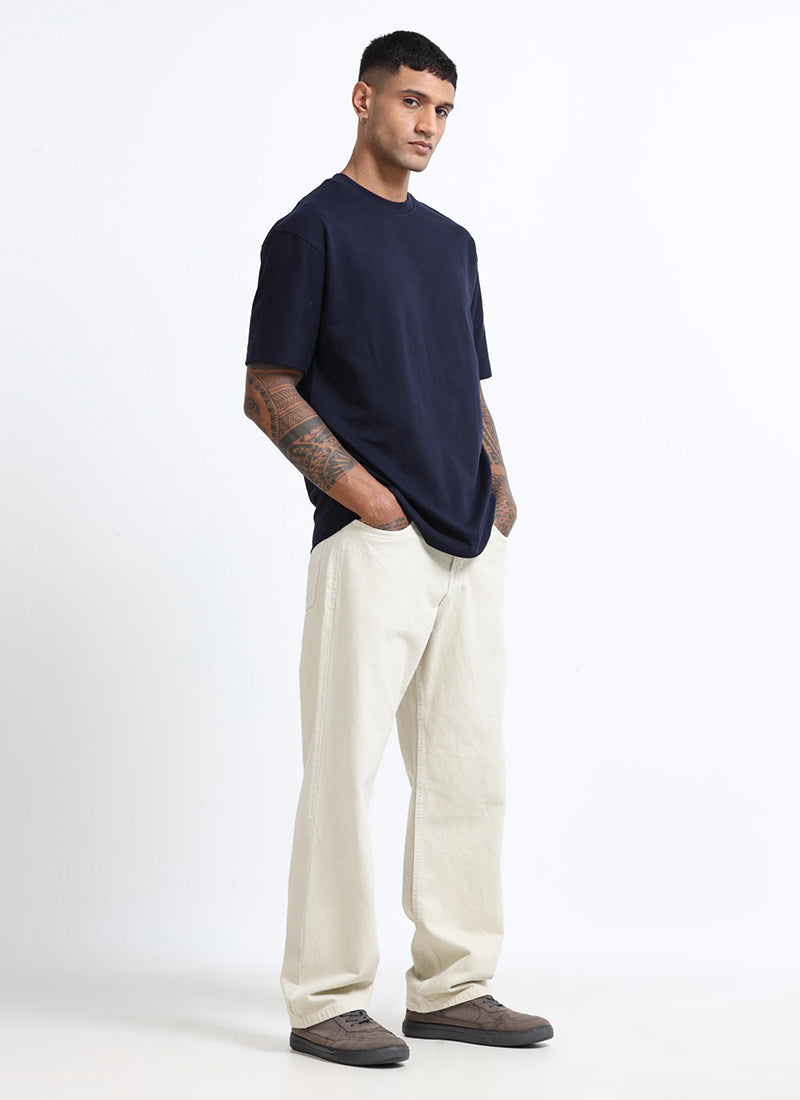 SIGNATURE Oversized Solid Cotton T-Shirt Navy Blue Matching Denim Jeans