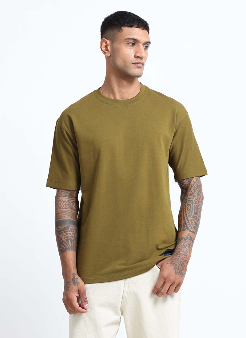 SIGNATURE Oversized Solid Cotton T-Shirt Olive Moss - Front View