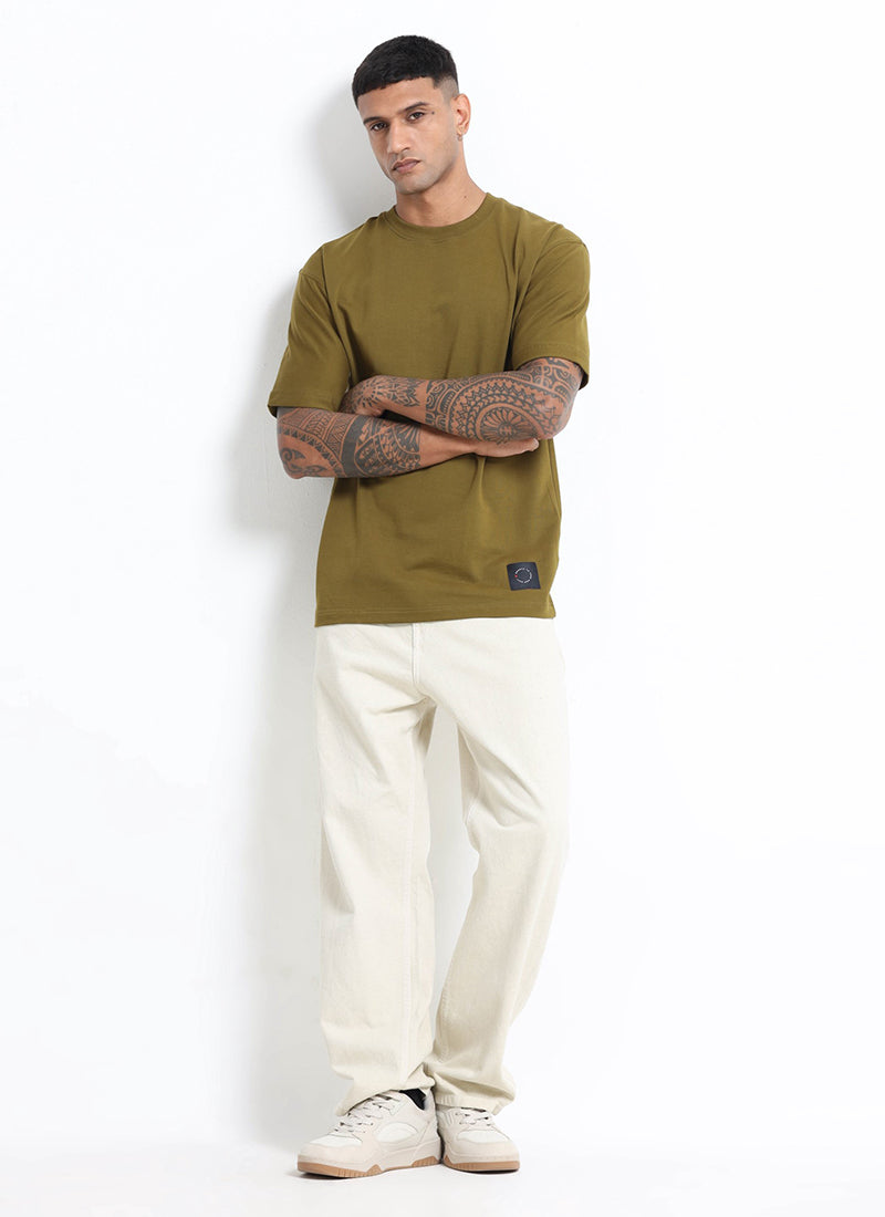 SIGNATURE Oversized Solid Cotton T-Shirt Olive Moss - Full Model View