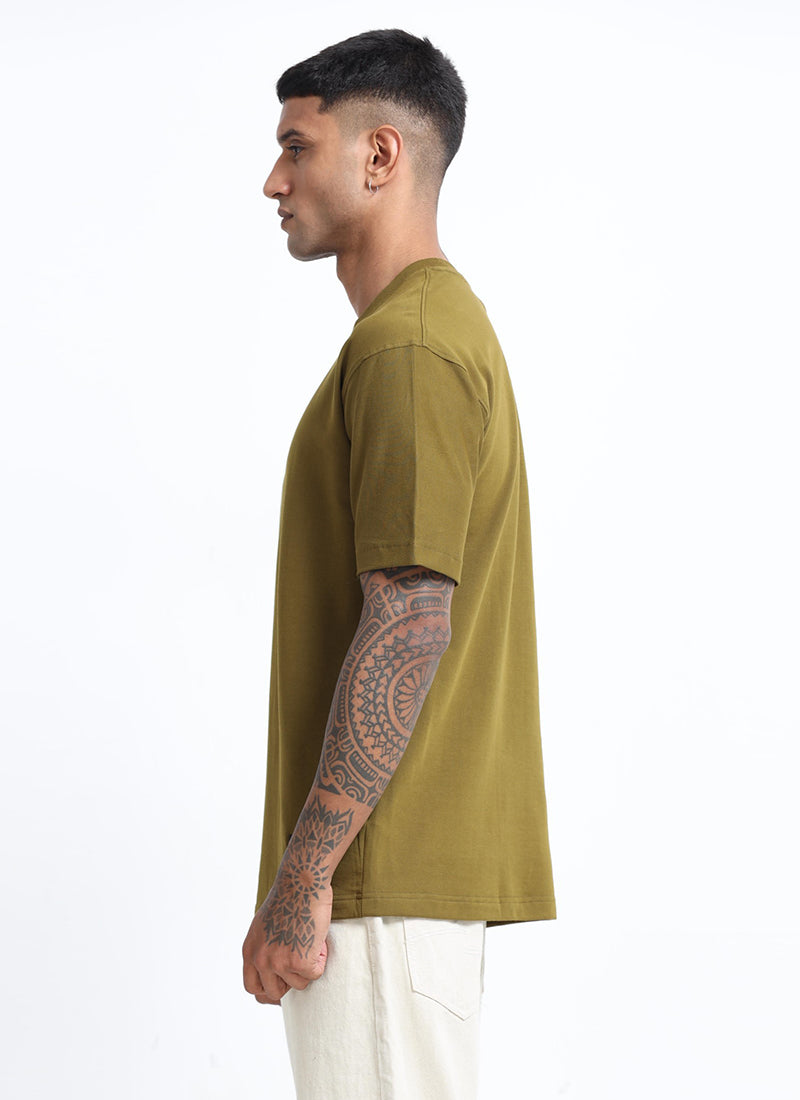 SIGNATURE Oversized Solid Cotton T-Shirt Olive Moss - Side View