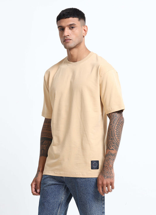 SIGNATURE Oversized Solid Cotton T-Shirt Sand Beige - Front View