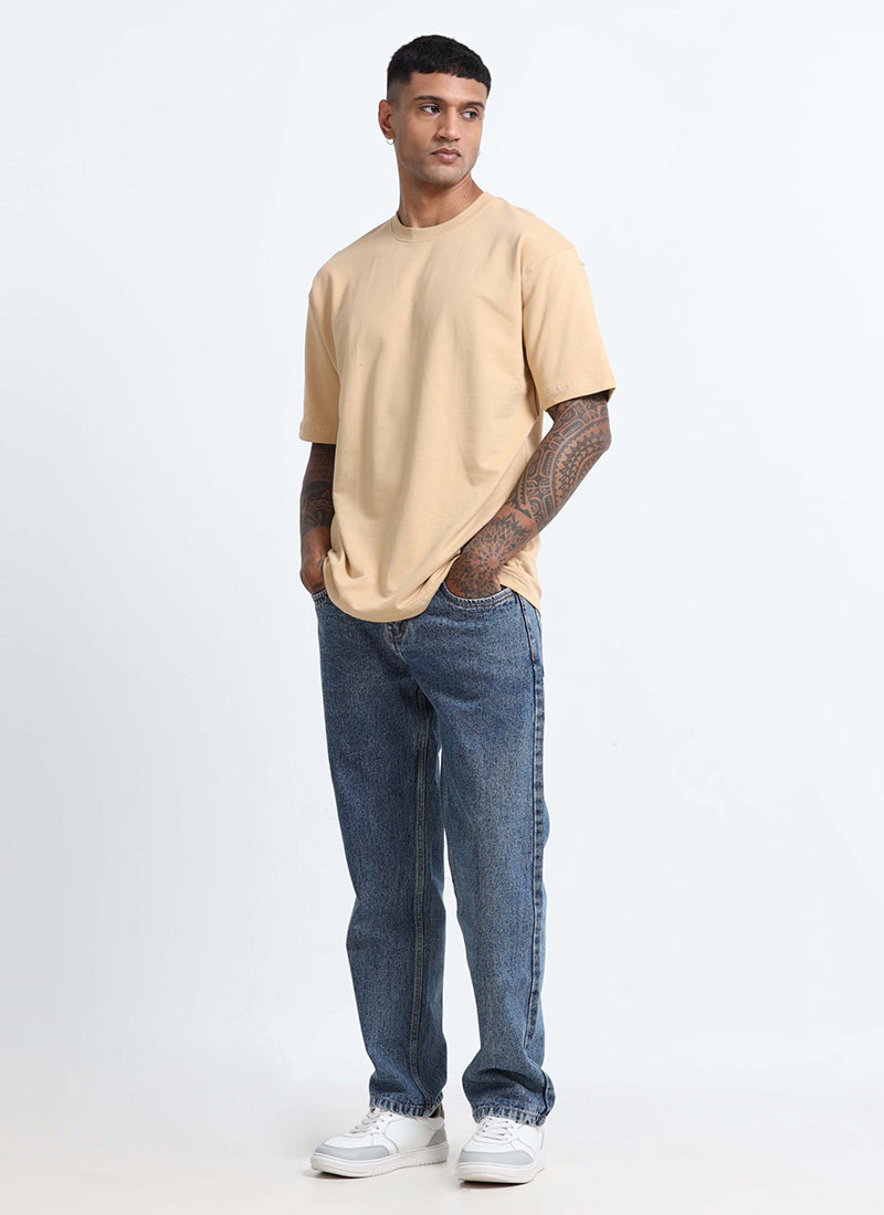 SIGNATURE Oversized Solid Cotton T-Shirt Sand Beige - Matching jeans View