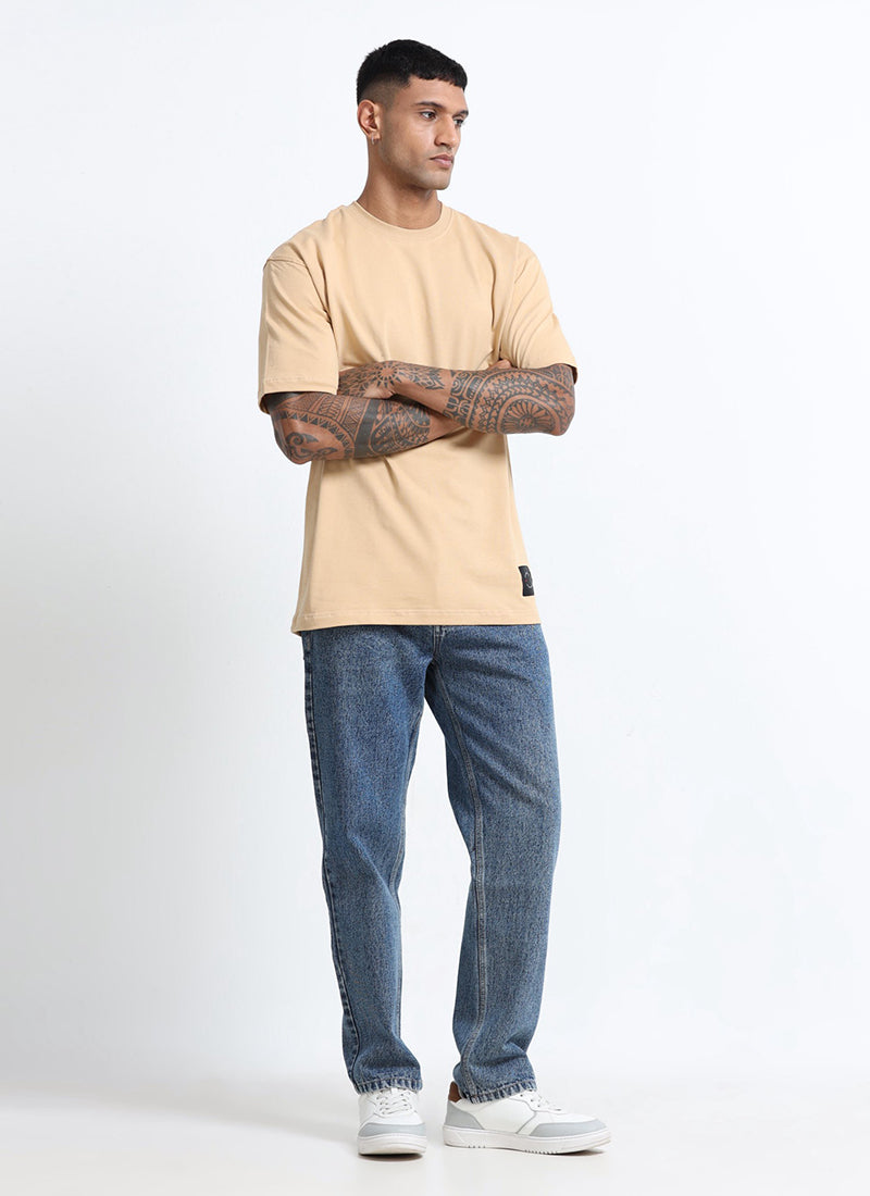 SIGNATURE Oversized Solid Cotton T-Shirt Sand Beige - Model View
