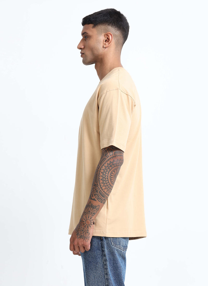 SIGNATURE Oversized Solid Cotton T-Shirt Sand Beige - Side View