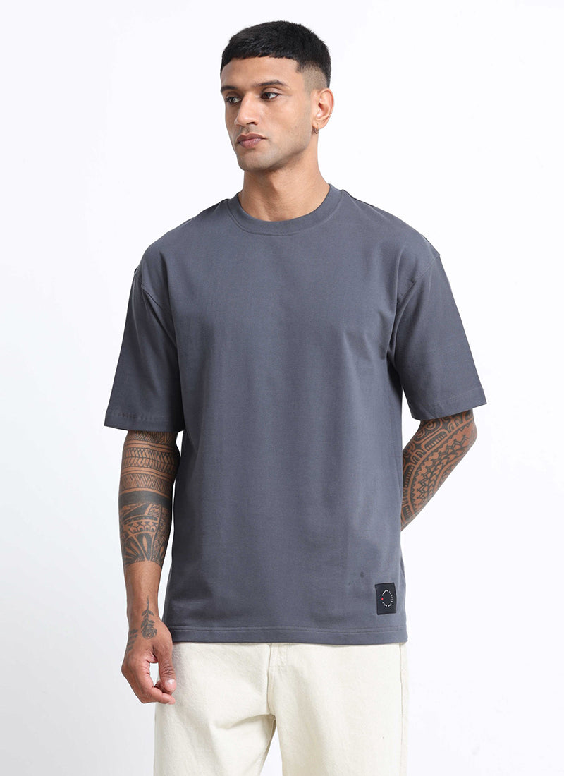 SIGNATURE Oversized Solid Cotton T-Shirt Slate Grey - Front View