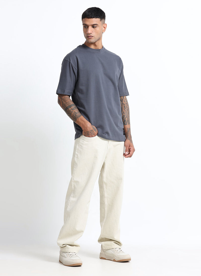 SIGNATURE Oversized Solid Cotton T-Shirt Slate Grey - Full Model View