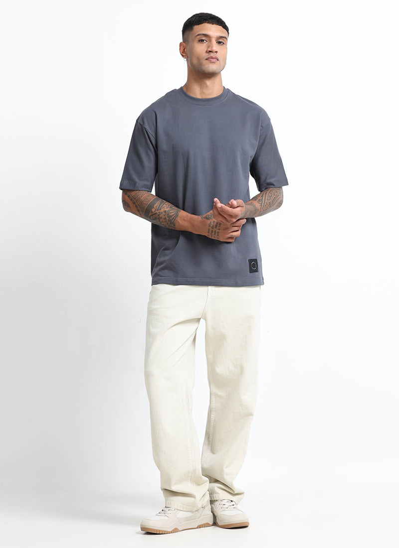 SIGNATURE Oversized Solid Cotton T-Shirt Slate Grey - Model View