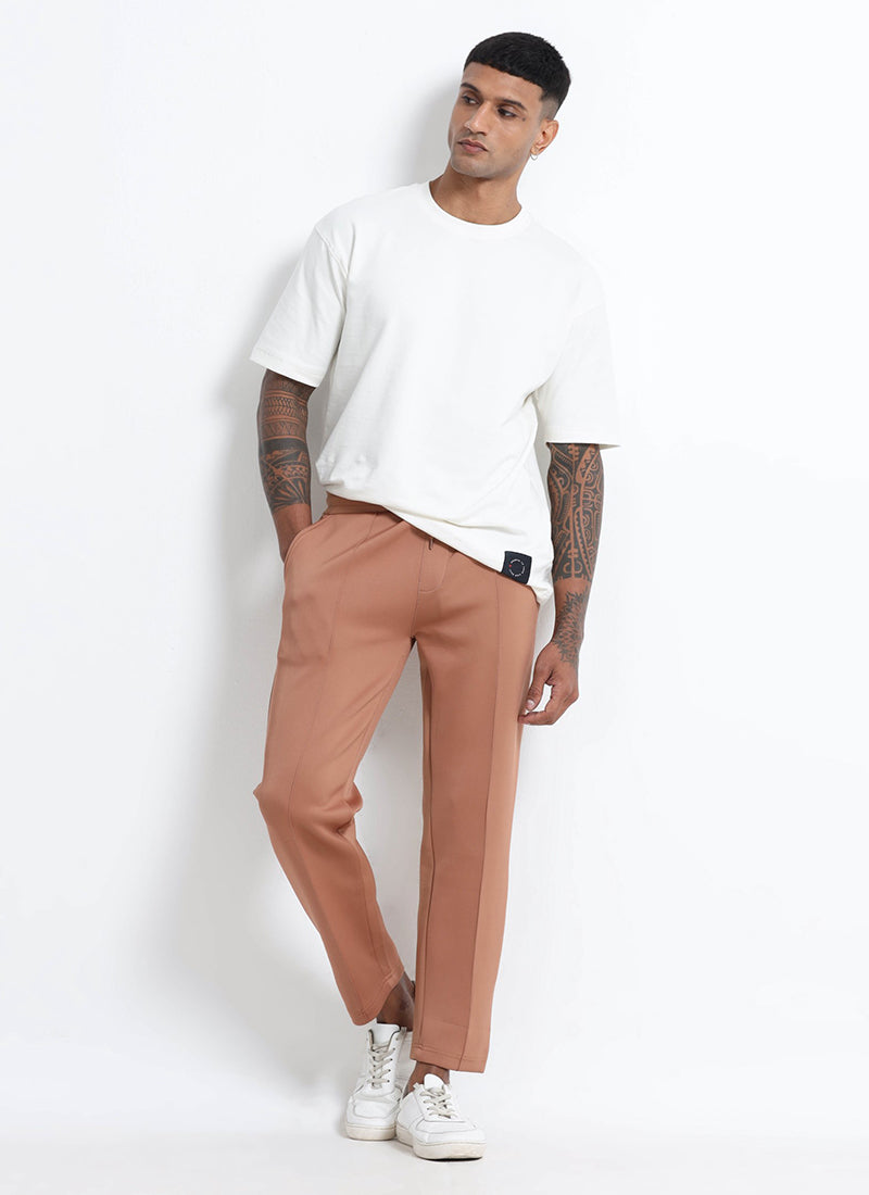 SUPER STRETCH Relaxed Fit Elastic Waistband With Drawstring Trousers Desert Sand-Model Front View