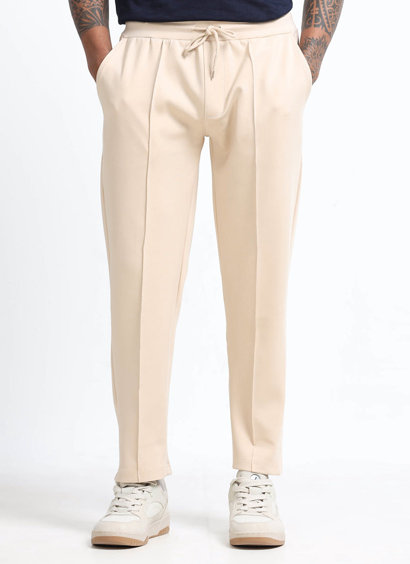 SUPER STRETCH Relaxed Fit Elastic Waistband With Drawstring Trousers Ecru Ivory-Front View
