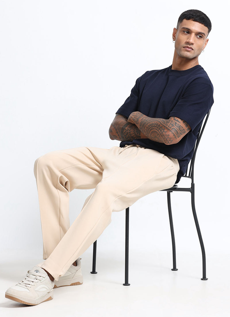 SUPER STRETCH Relaxed Fit Elastic Waistband With Drawstring Trousers Ecru Ivory