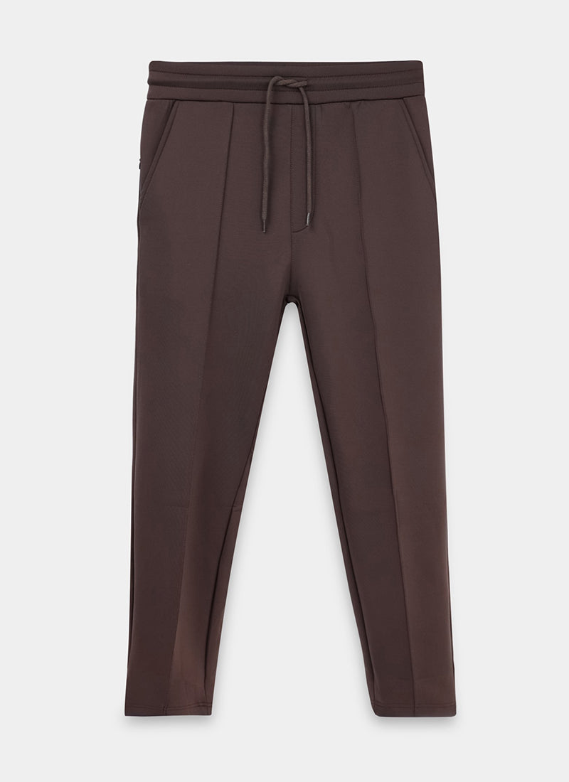 SUPER STRETCH Relaxed Fit Elastic Waistband With Drawstring Trousers Espresso Brown-Flatlay Front View