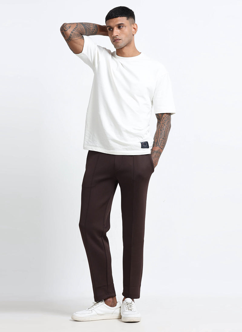 SUPER STRETCH Relaxed Fit Elastic Waistband With Drawstring Trousers Espresso Brown-Model Front View