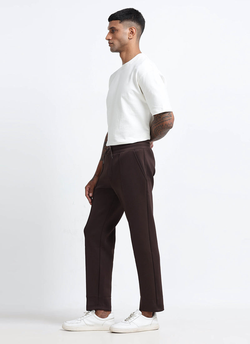 SUPER STRETCH Relaxed Fit Elastic Waistband With Drawstring Trousers Espresso Brown-Model Side View