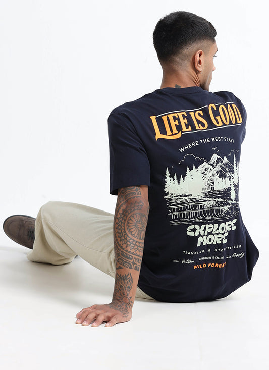 LIFE IS GOOD Relaxed Fit Cotton Printed T-Shirt Navy Blue