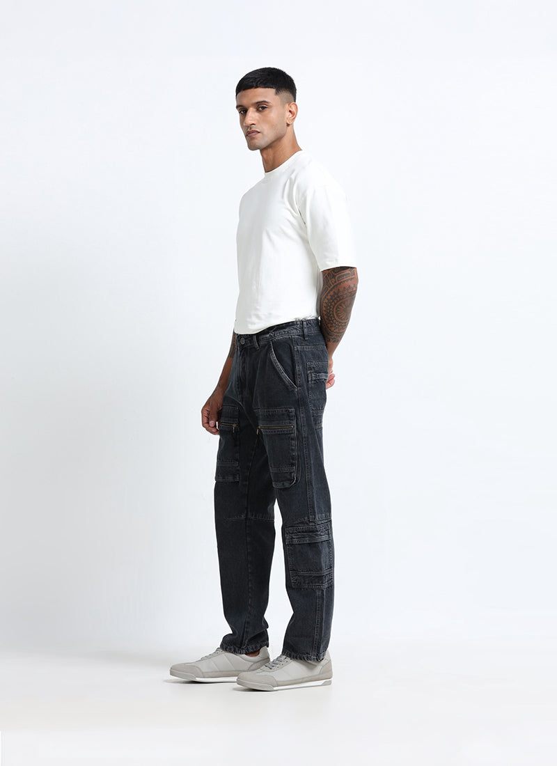 washed black denim cargo jeans